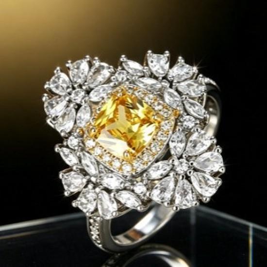 European and American Luxury Heart-shaped Yellow Diamond Open Ring for Women Double-layer Horse-eye Diamond Snowflake Ring with Colorful Gemstones
