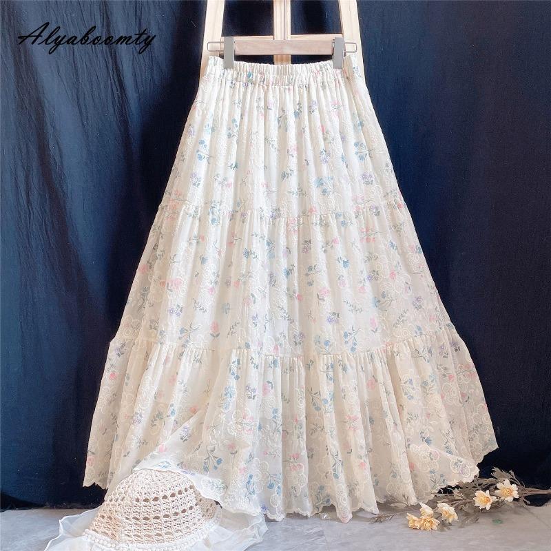 Prairie Chic Spring Summer Women Maxi Long Skirt Elastic Waist Floral Embroidery Ruffles Skirt Sweet Elegant Tierred Skirt
