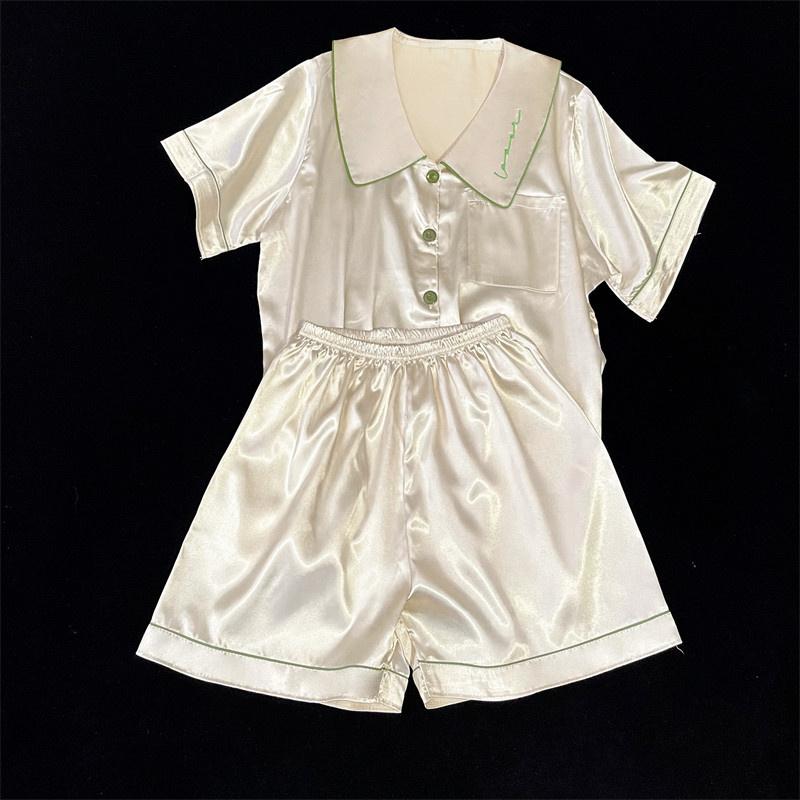 Fresh Classy Solid Embroidery Women's Pajama Set Korean Simple Style Summer Short Housewear  Fashion Casual Home Clothes