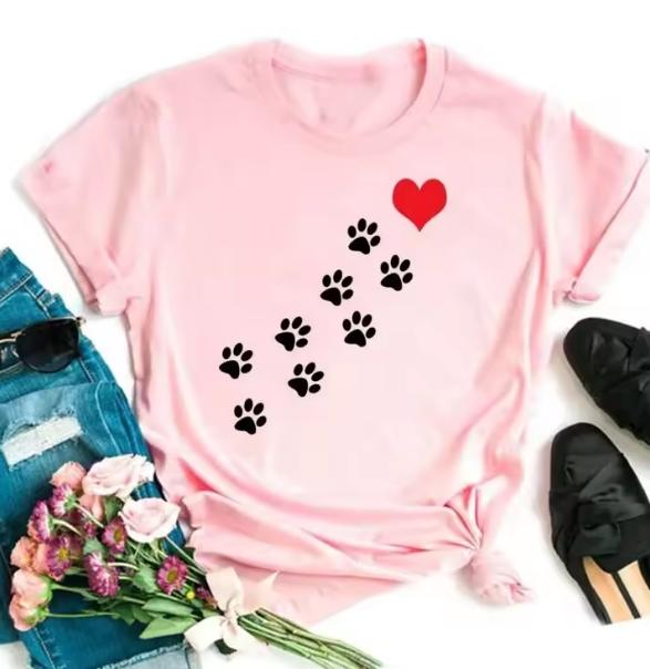 Women Pet Lover Graphic T Shirt The Road To My Heart Is Paved In Paw Prints Heart Shaped Paw Print Round Neck Short Sleeve All Season Dog Mom Casual