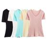 Kaslead New Women Clothes Western Style Fashion Simple Solid Color Vertical Stripe Knitted Short Sleeve Top