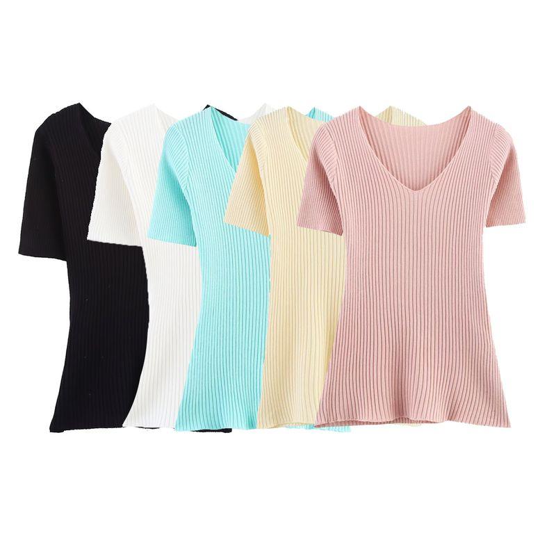 Kaslead New Women clothes Western Style Fashion Simple Solid Color Vertical Stripe Knitted Short sleeve Top