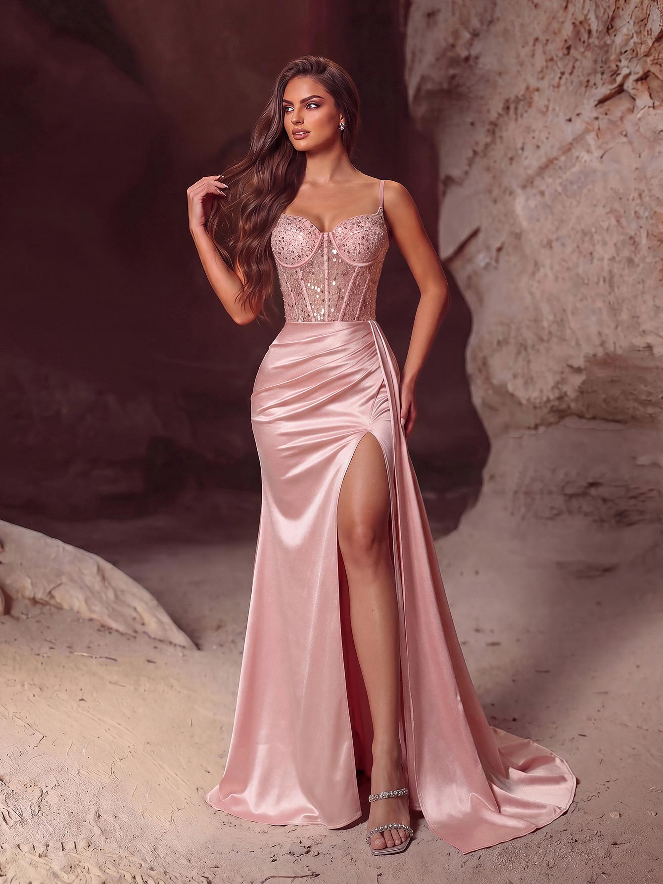 New solid color bead hanging slim satin dress, split fork harpoon tail banquet annual meeting host evening dress XS розовый