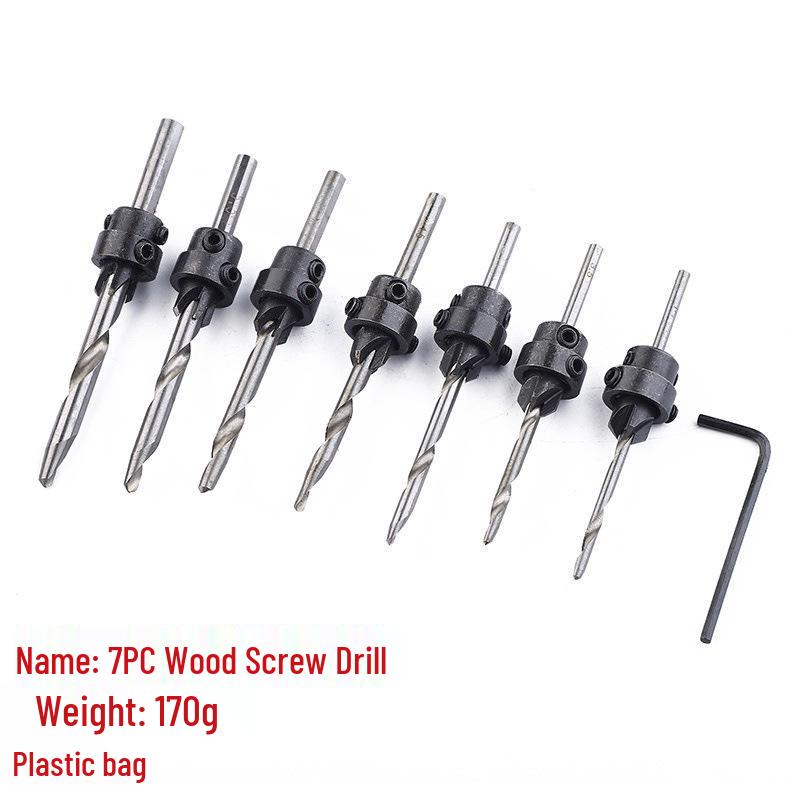 7-Piece Woodworking Countersink Drill Bit Set with Integrated Wood Screw Taper Hole Auger