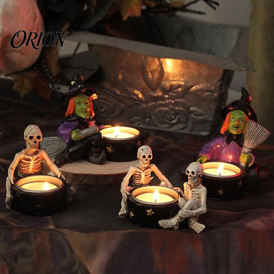 Handcrafted Resin Witch Figurine Halloween Skull Candle Holder, Spooky Star Cup Tealight Stand Candlestick Holder with Metal Heatproof Liner,