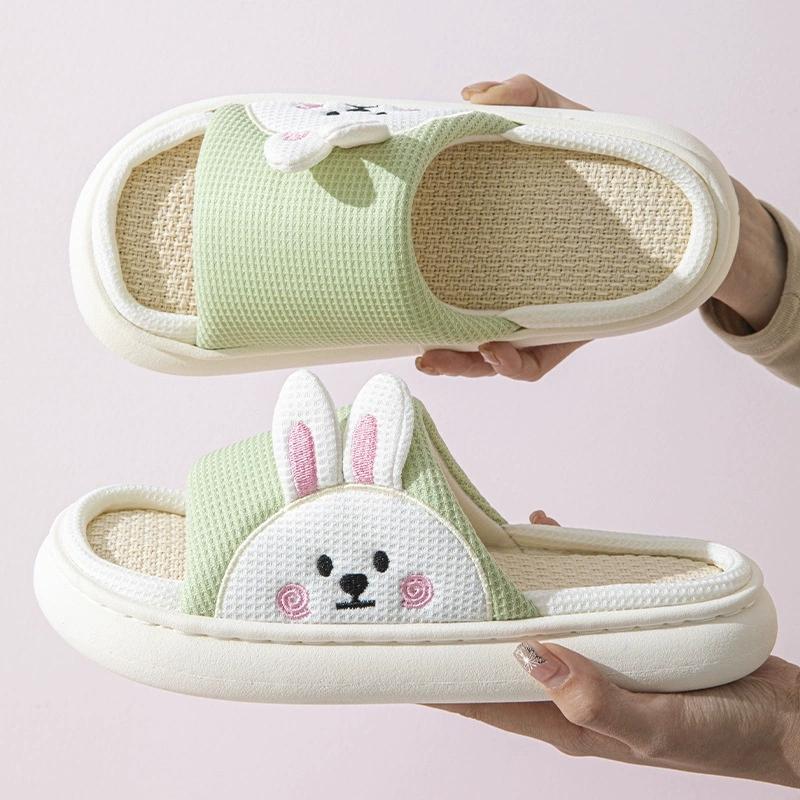 Fashion Cute Cartoon Rabbit House Slippers Women Spring Autumn Soft Anti Slip Linen Slippers for Woman Mix Color Platform Slides Mujer