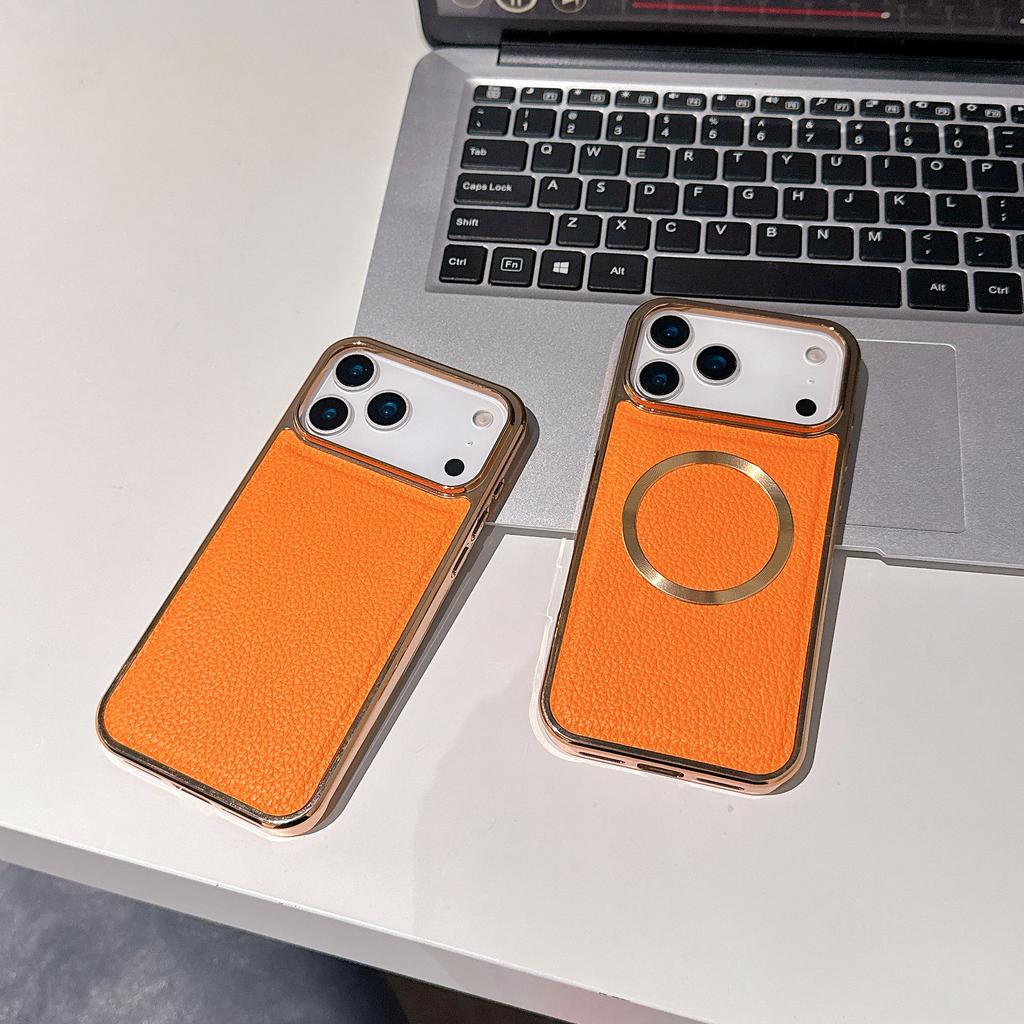 For IPhone17 for Apple 16pm Mobile Phone Case Electroplated Magnetic Lychee Pattern Orange Two-in-one Protective Cover