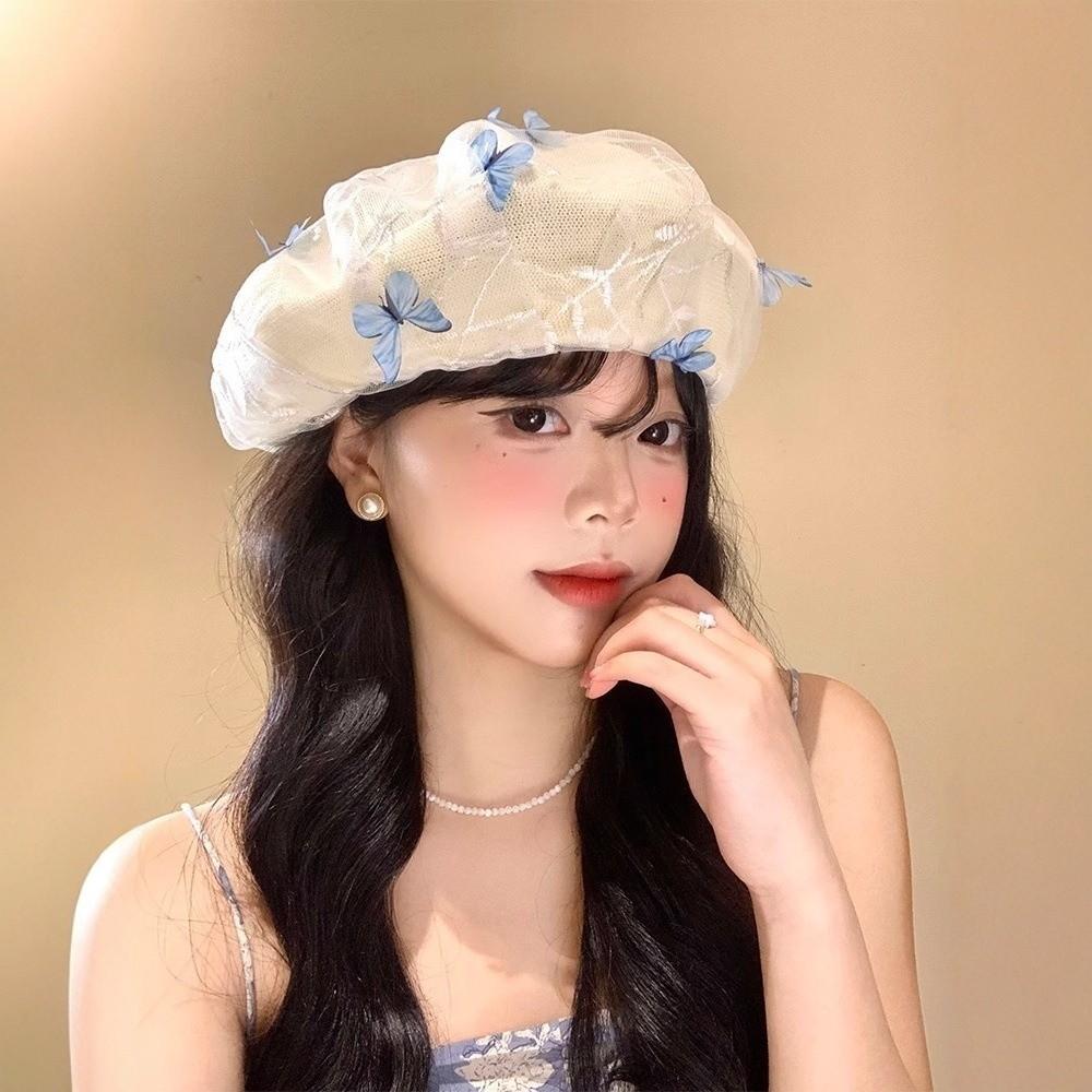Three-dimensional Butterfly Beret Mesh Women's Beret Fashionable Knitted Hat Summer