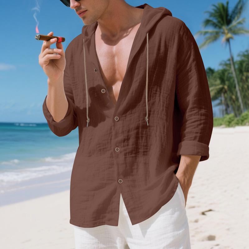 Mens Linen Hooded Long Sleeve Open Front Casual Beach Shirt