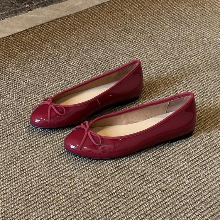 Leather shallow mouth ballet shoes women's bow versatile flat shoes Mary Jane shoes