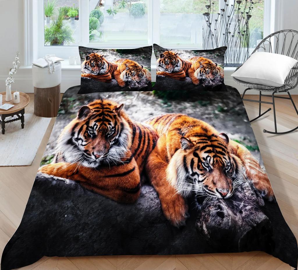 3D Bedding Set Black Duvet Quilt Cover Set Comforter Cover Pillowcase King Queen Size Animal Tiger Printed Polyester Quilt Cover