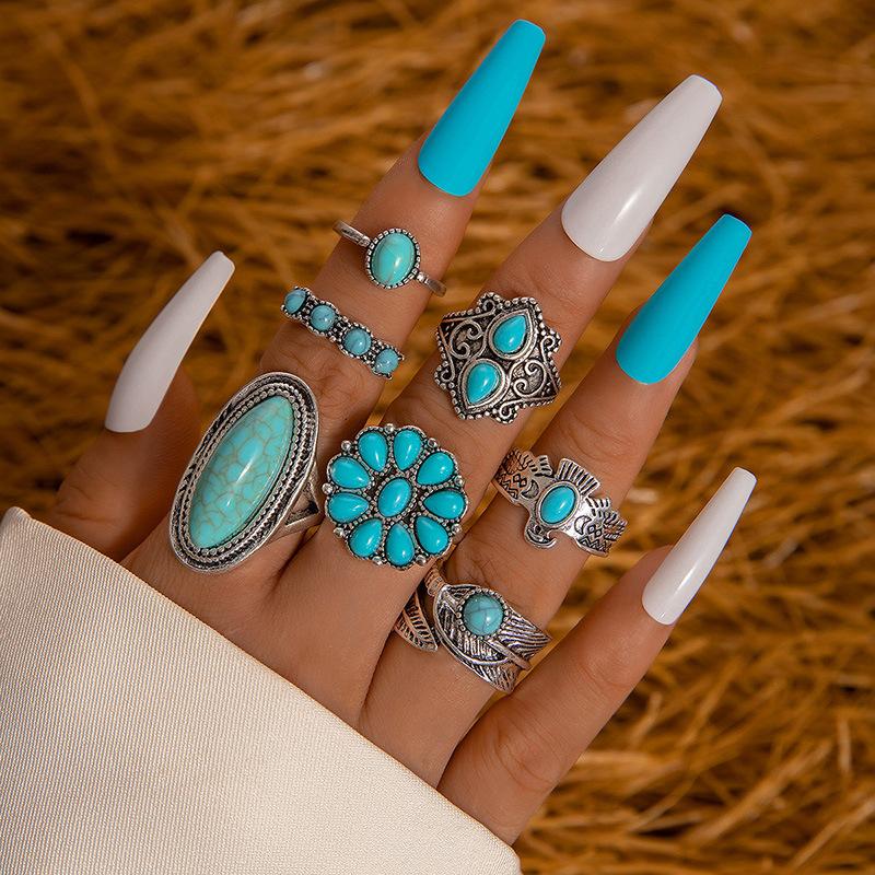 European and American Retro Style Imitation Turquoise Ring Design Sense Flower Leaf Eagle Geometric Joint Ring Set for Women