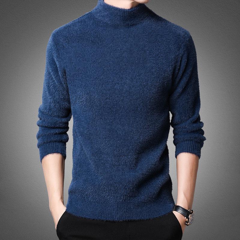 Herren Bestickter Goldener Nerzimitat Kaschmirpullover - Mittelhoher Kragen Warm Lässig Pullover