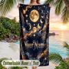 Celestial Cat Dreamscape Theme Quick Dry Beach Towel Custom Name Text Print Large Sand Resistant Towel Beach Vacation