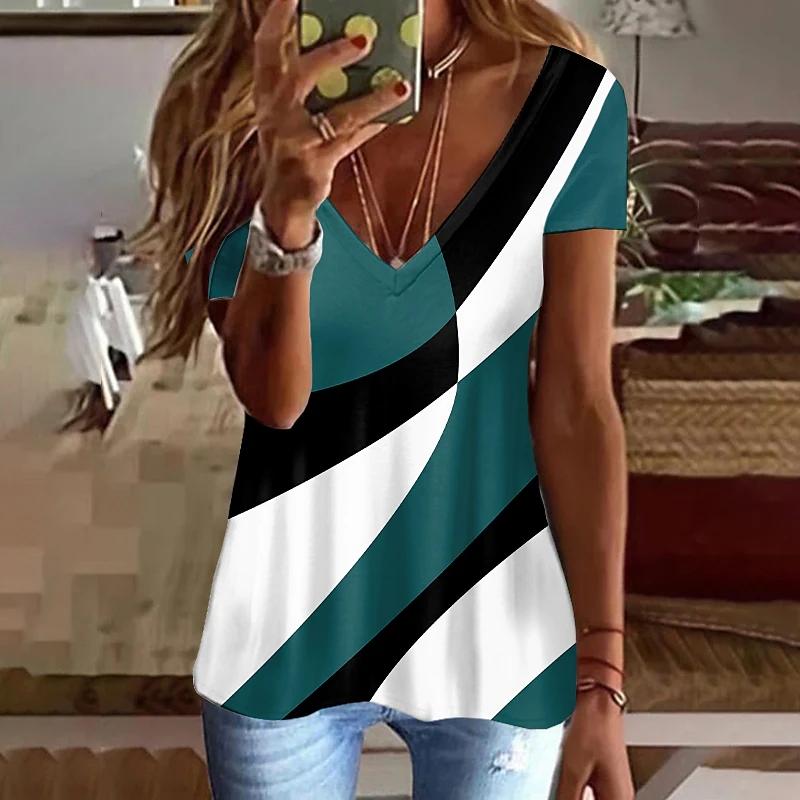 Summer V-neck 3D Printed Top Fashionable Casual Short Sleeved Women's T-shirts