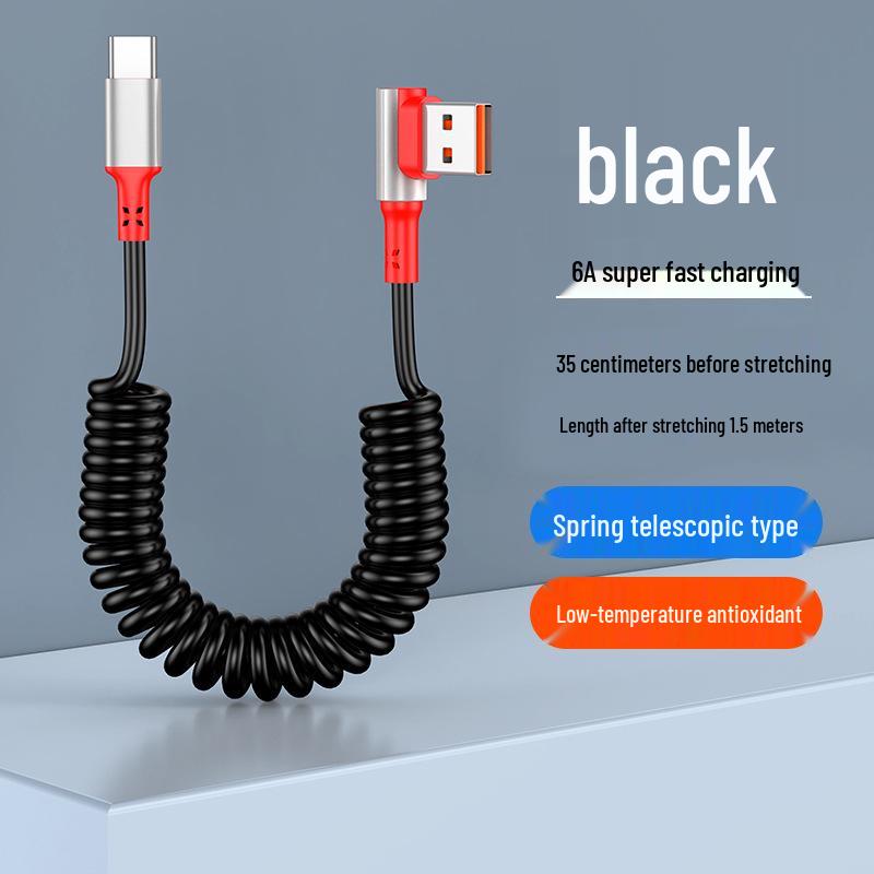 Câble USB Rétractable à Ressort Double Coude 6A Charge Rapide pour Téléphones & Voitures