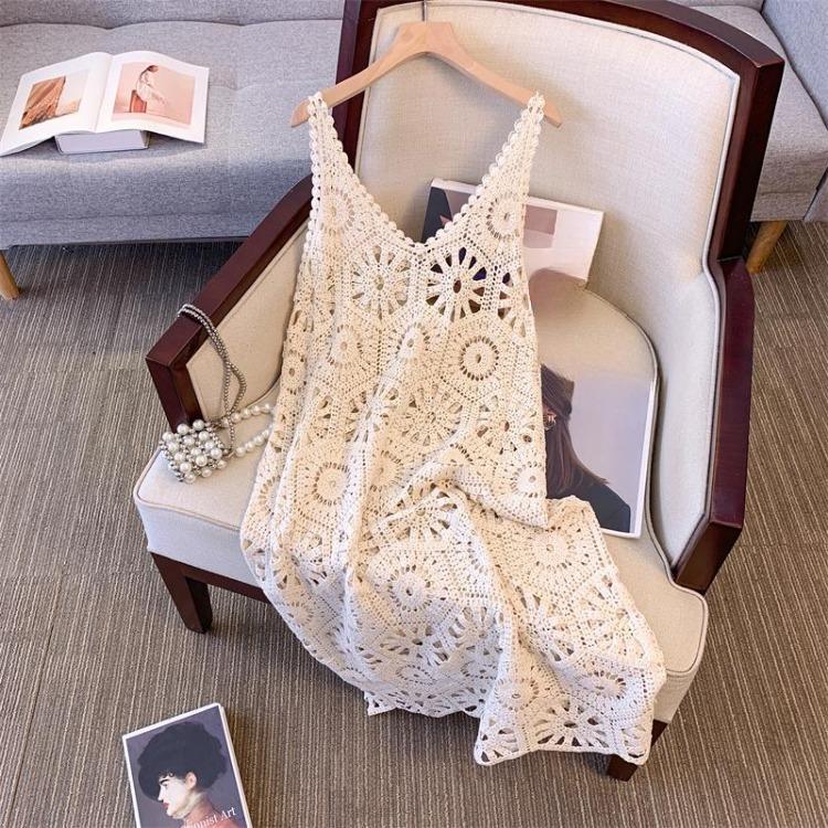 2024 New Women Knitting Lace Dress Sexy Hollow Out Long Vest Summer Style Loose Basic Tops O Neck Tees Dimanaf
