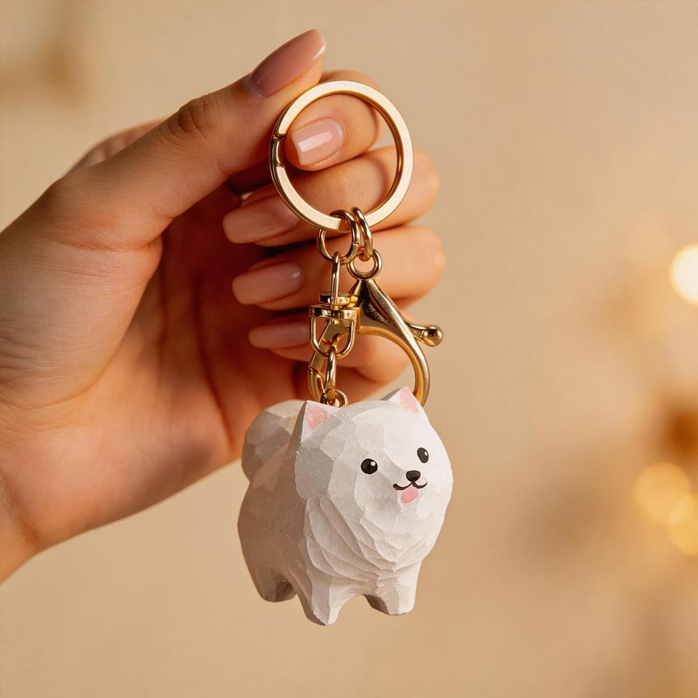 Hand Carved Decorative Wooden Samoyed Figurine Mini Cute Dog Puppy Statue Ornament Home Desk Wood Art Decor Gift for Dog Lovers