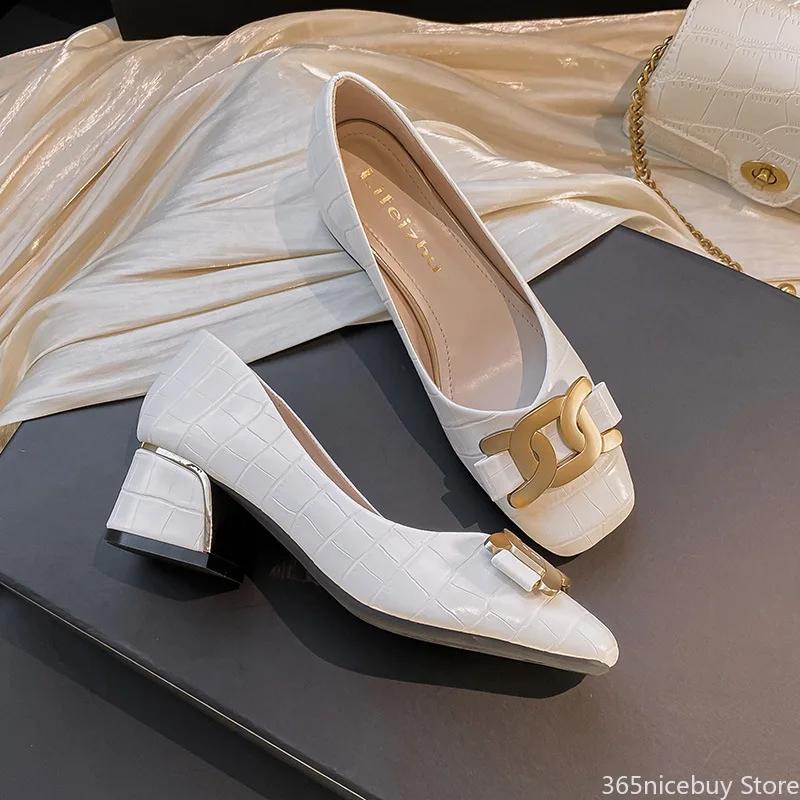 Women Shoes Fashion Pumps Fashion Leather Stone Pattern High Heels Shoes Girl Metal Decoration Casual Dress Shoes