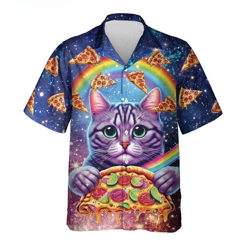 Herren Hawaii Strandhemd Druck Lustige Katze Taco Pizza T-Shirts Oberteile Kurzarm Knopfleiste Urlaub Aloha Hemden Streetwear