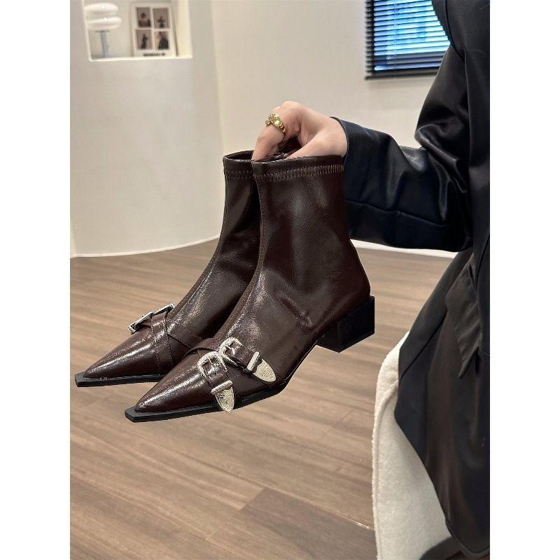 Thick heel pointed temperament thin small short boots women's shoes 2025 new super autumn and winter single boots black Martin boots