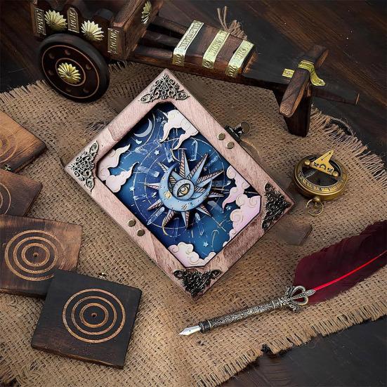 

Ручна робота Журнал Відьми Прихований Ключ Готичний Вінтажний Дизайн Сонце Місяць Відьомський Блокнот із Замком і Ключем для Книги Заклинань Тримач для Колоди Таро Астрологія B