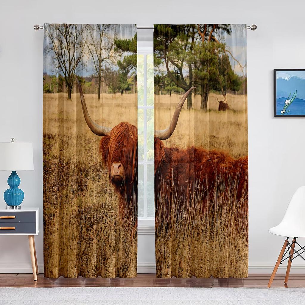 Highland Cow Sheer Voile Curtain Farmhouse Western Cattle Bull Window Tulle Curtains for Living Room Bedroom Kitchen Decoration