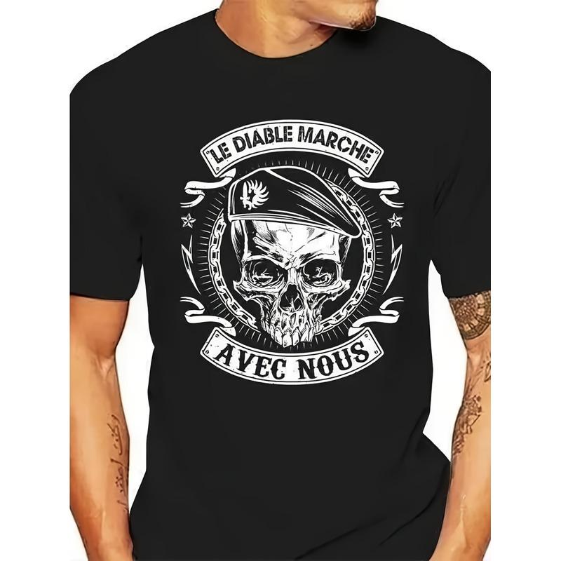 Men'S Black Short-Sleeve T-Shirt With Edgy Skull And Wings Graphic Print, French Text Design - 100% Regular Fit Casual Streetwear Tee For Casual
