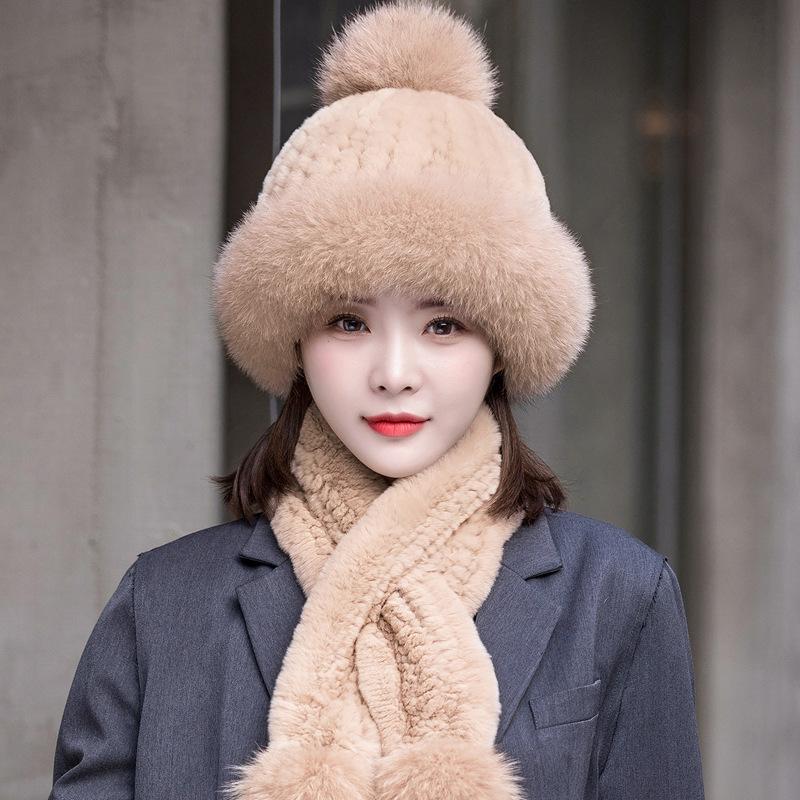 Women's winter warm two-piece scarf hat set, Rex rabbit wool thread thickened fur straw hat real hair scarf
