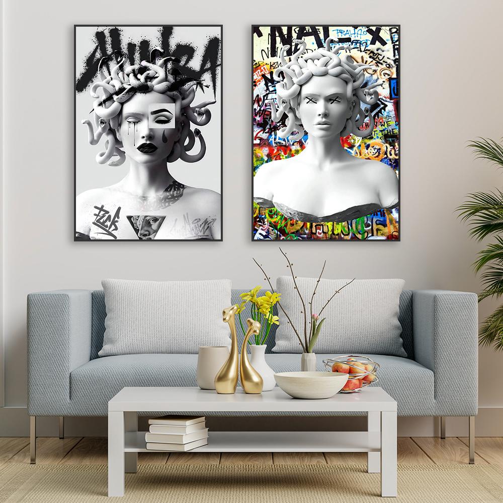 Graffiti Pop Street Coloré Méduse Affiche Sculpture Nordique Bansky Art Impression Grèce Déesse Statue Peinture sur Toile Décoration Intérieure
