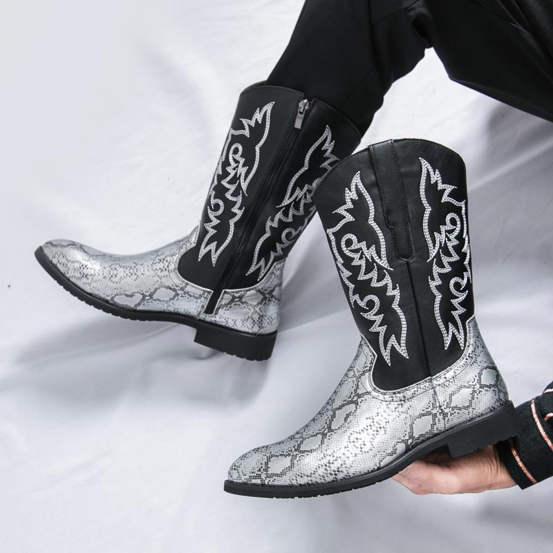 Fashion New Retro Fashion Men Boots Head Snake Skin Patent Leather Winter Shoes Embroidered Western Cowboy Boots Footwear Plus Size