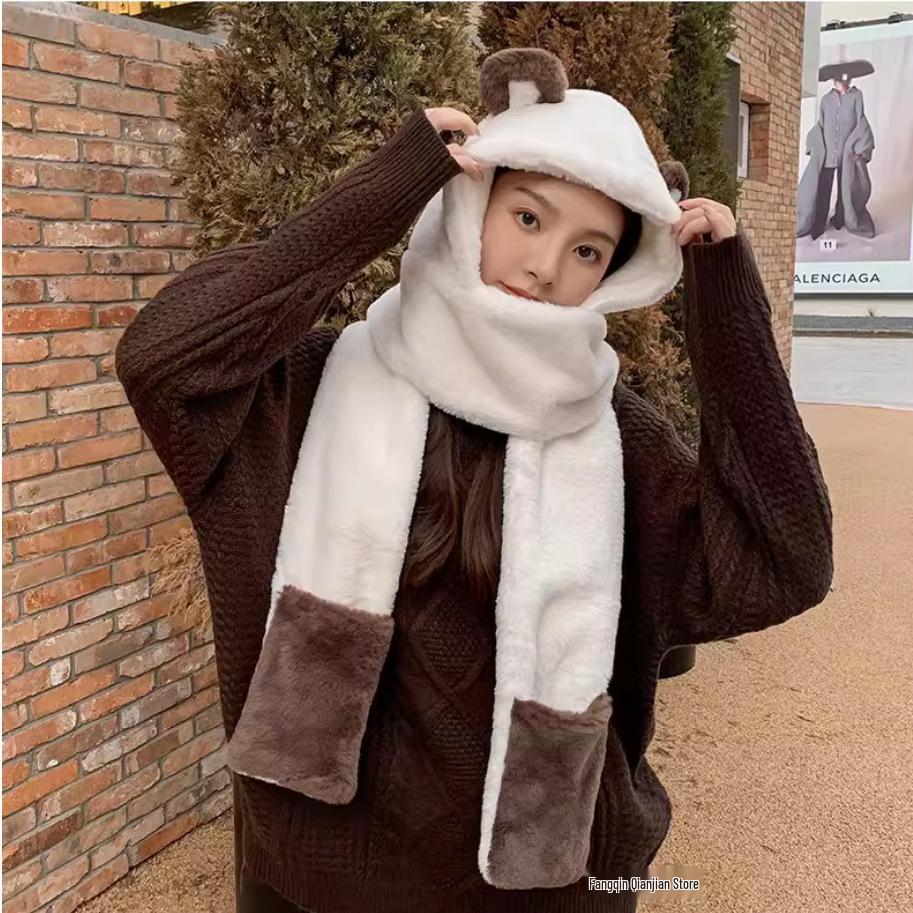 Women's Cozy Plush Hat, Scarf, and Gloves Set with Cute Rabbit Ears for Autumn and Winter