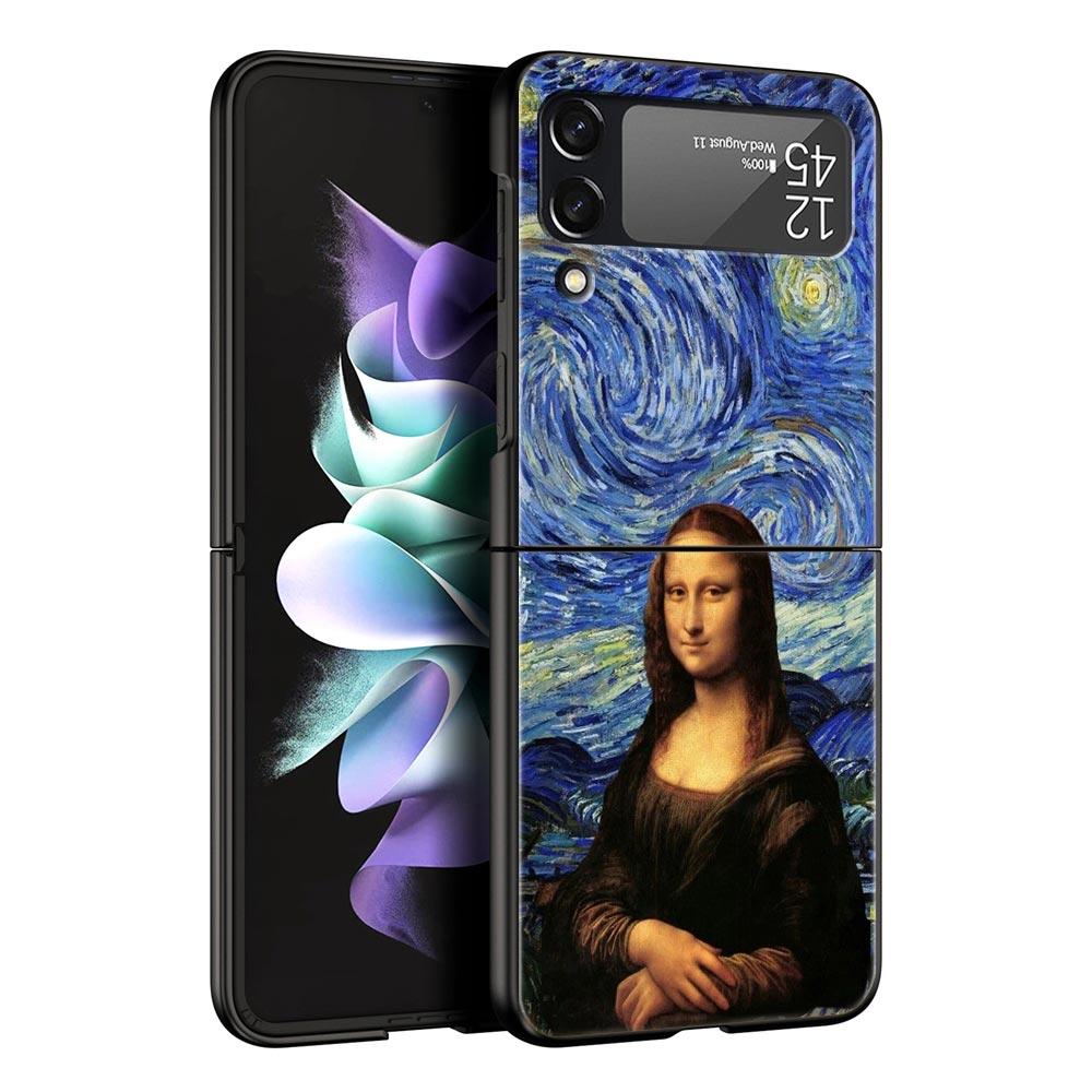 For Samsung Galaxy Z Flip 3 4 5 Hard Black Folding PC Phone Case Mona Lisa Van gogh Oil Painting Art For Samsung Z Flip3 Cover