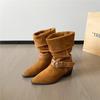 Suede Retro Mid-Tube Pointed Boots Autumn Belt Buckle Knight Booties Mid-Heel Pleated Western Cowboy Pile Boots
