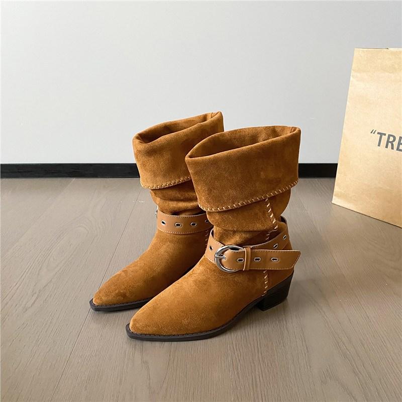 Suede Retro Mid-Tube Pointed Boots Autumn Belt Buckle Knight Booties Mid-Heel Pleated Western Cowboy Pile Boots
