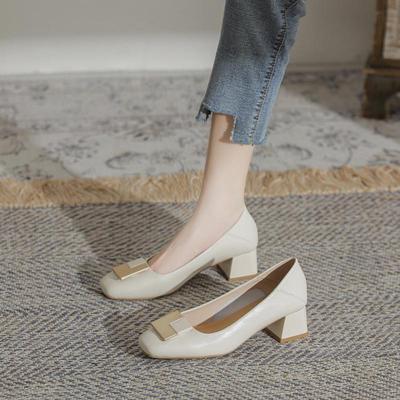 French Chunky Heel Square Toe Women's Soft Leather Collapsible Heels - 5CM