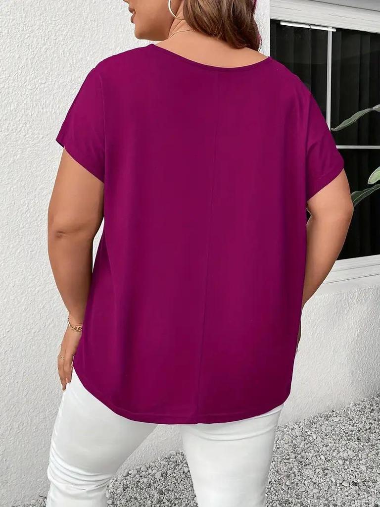 2026 Plus Size V-Neck Cross Strap Hollow Short Sleeve Women's T-shirt