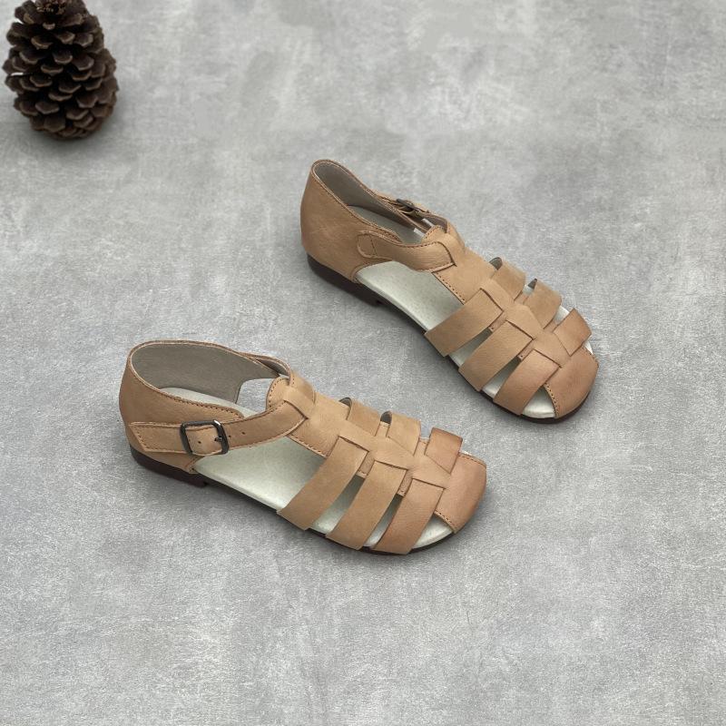Johnature Genuine Leather Roman Sandals Retro Casual Solid Color Cowhide Soft Sole Flat Women's Shoes