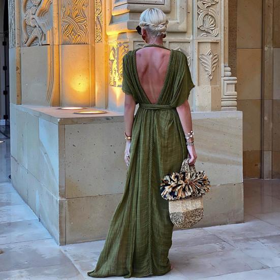 Lady Beach Maxi Dress Low-cut V Neck Short Sleevs Split Hem Pleated Lace-up Twisted Rope Decor High Waist Solid Color Long Bikini Coverup