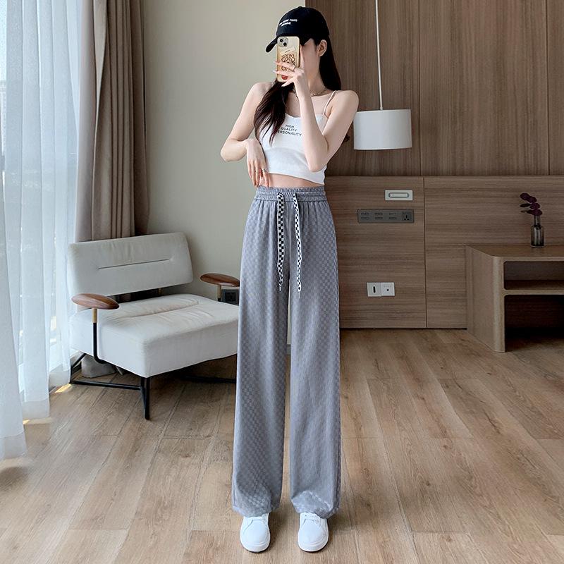 2025 Women's Checkered Wide-Leg Ice Silk Pants - Slim-Fit, High-Waisted, Draped, Summer & Spring