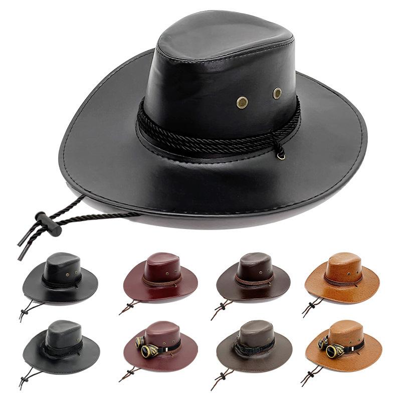 Cowboy Western Hat Pu Leather Wide Brim Sunshade Sun Protection Cap Breathable
