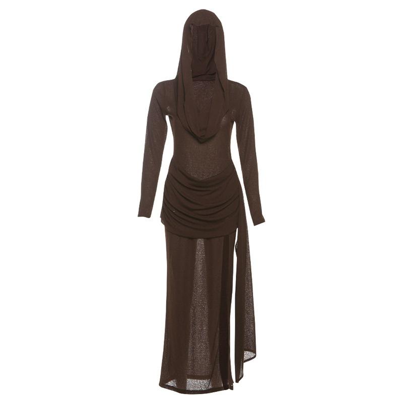 2026 European and American summer new wasteland style retro solid color hooded split fork and thin design dress women