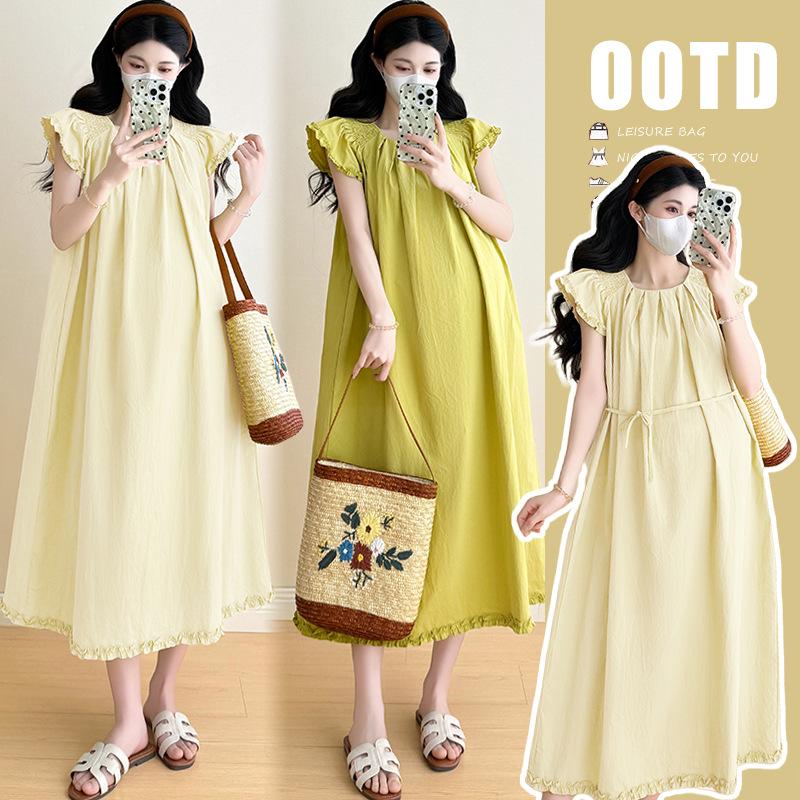 2026 Summer Korean Ruffled Flutter Sleeve Slimming Maternity Dress 2XL