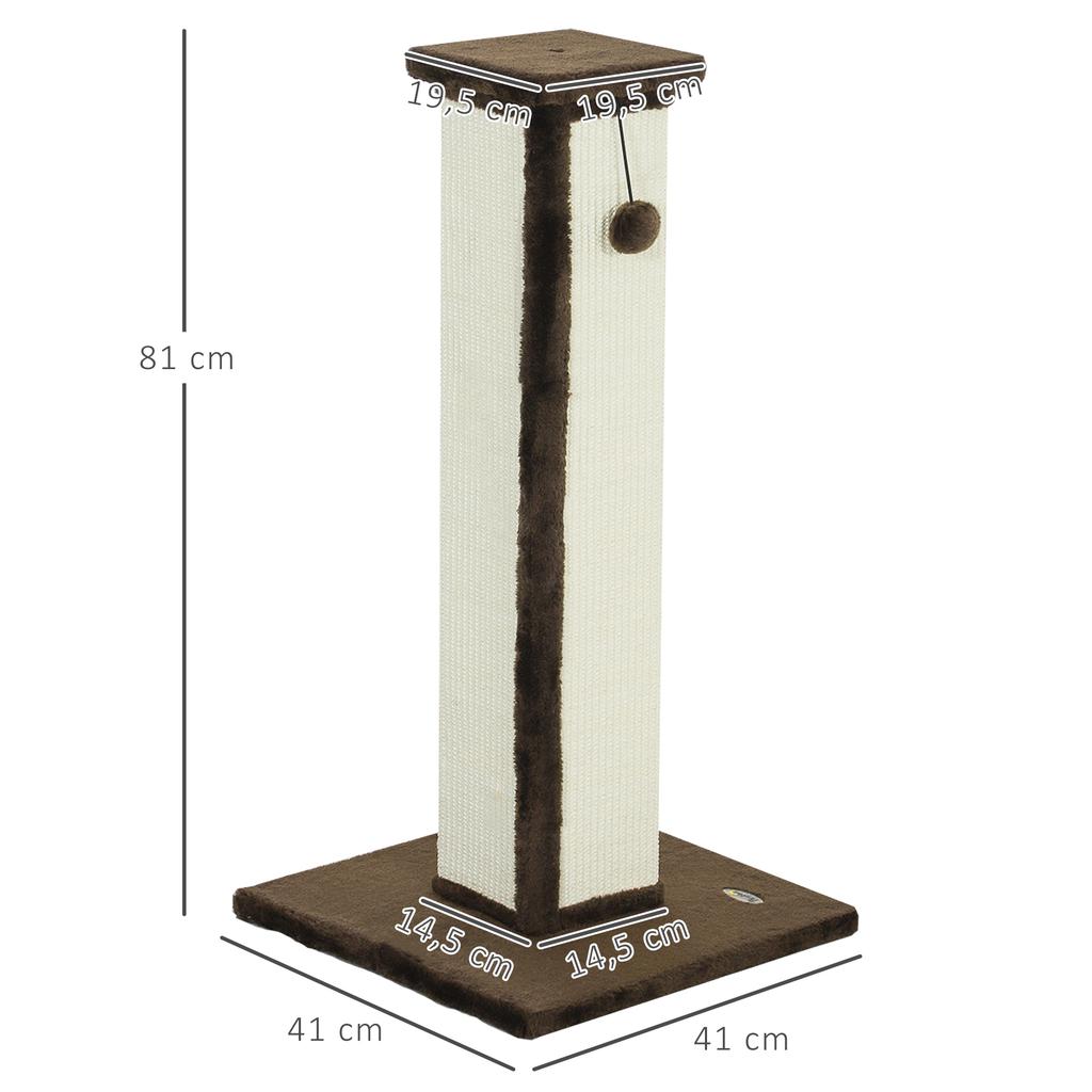 81cm Cat Scratcher, Vertical Full Scratcher w/ Natural Sisal Rope, Hanging Ball, Soft Plush - Brown