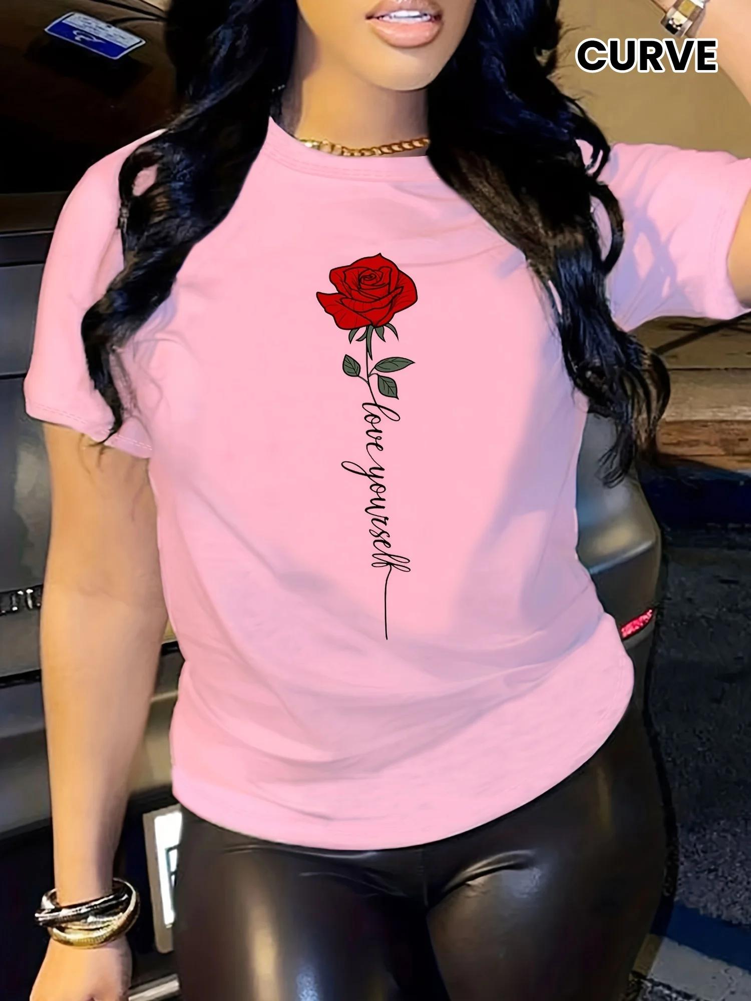 

Sleeve TShirt Casual Every Day Tops Womens Clothing Letter Rose Print TShirt Crew Neck Aesthetic Clothes S