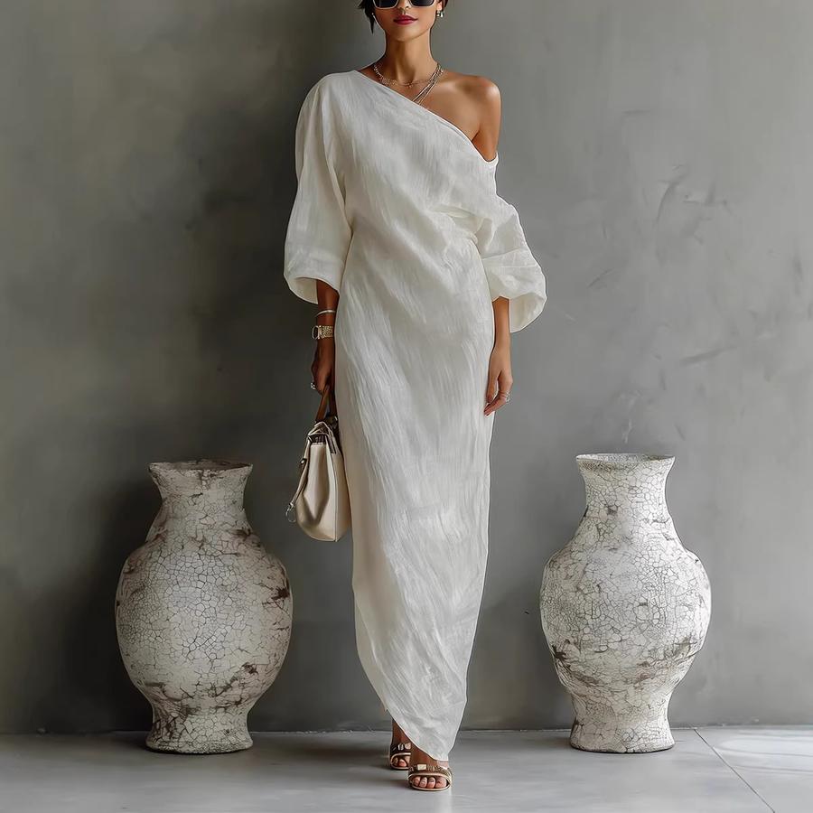 Nuovo Abito Lungo Estivo Moda di Alta Gamma da Donna a Maniche Lunghe Sulla Spalla Stile Vita Media Rimboccato