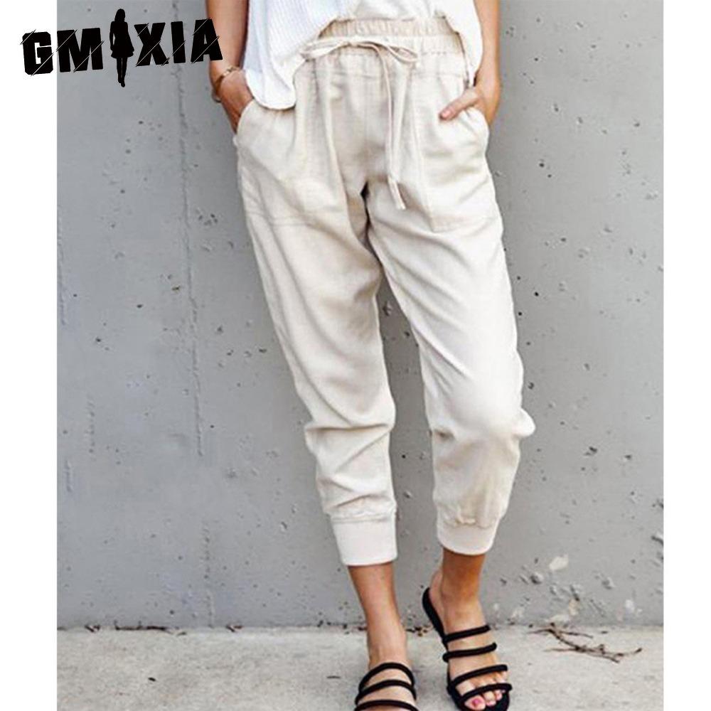 

GMXIA Summer Women Loose Plus Size Solid Color Simple Lace Up Slim Casual Nine Point Slimming Trousers S белый