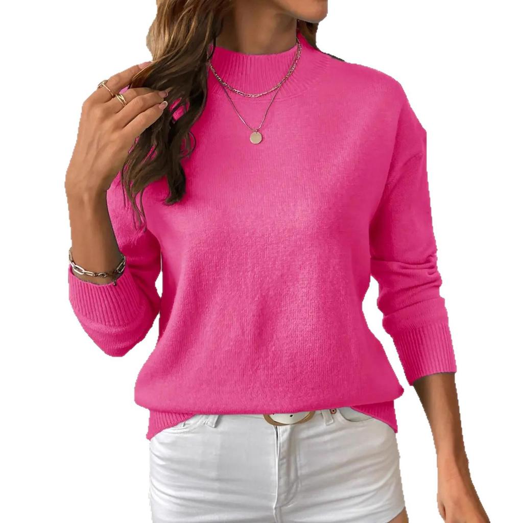 Women's Solid Color Loose Knit Pullover with Half-High Neck and Long Sleeves - Autumn/Winter Fashion Sweater.
