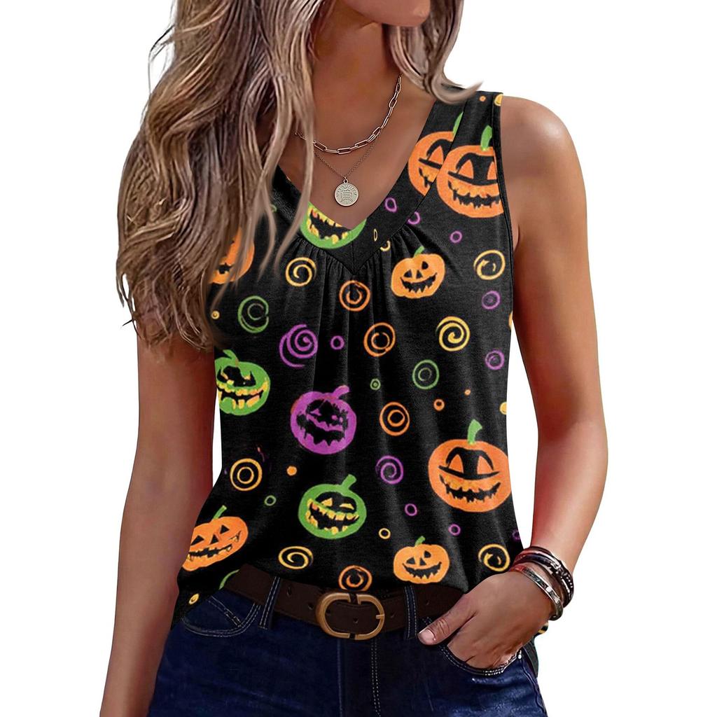 Women Sleeveless V Neck Halloween Pumpkin Print Casual Loose Fit Tank Top Lightweight Pullover Vest for Holiday Party Daily Wear