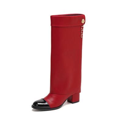 Modemarke Echtes Leder Mischfarbe Blume Lange Stiefel Herbst Winter Würziges Mädchen 5,5cm Hohe Absätze Mode Kniehoch Damenstiefel 44